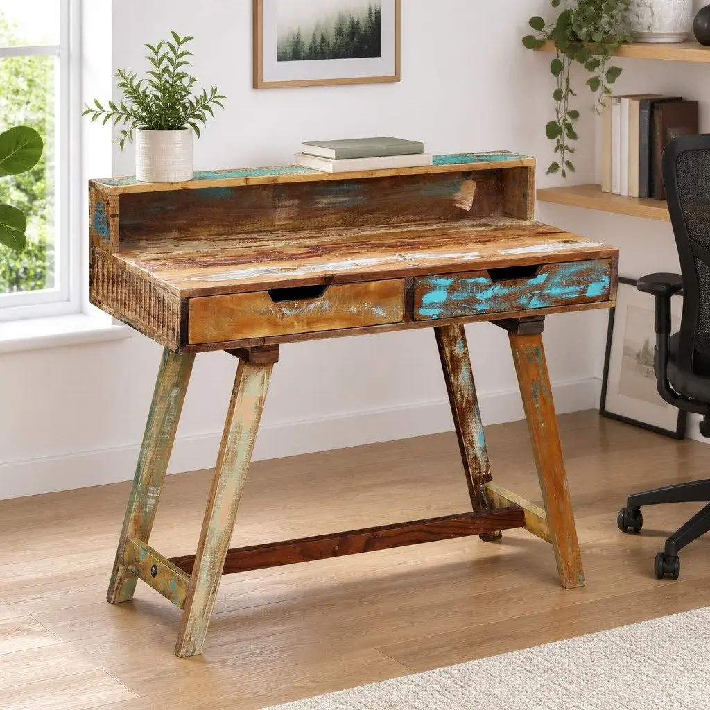 Desk Vintage Style Solid Reclaimed Wood with Two Drawers Multicolour