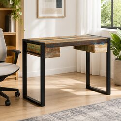 Solid Reclaimed Wood Desk with Drawers Vintage Style Office Computer Study Table