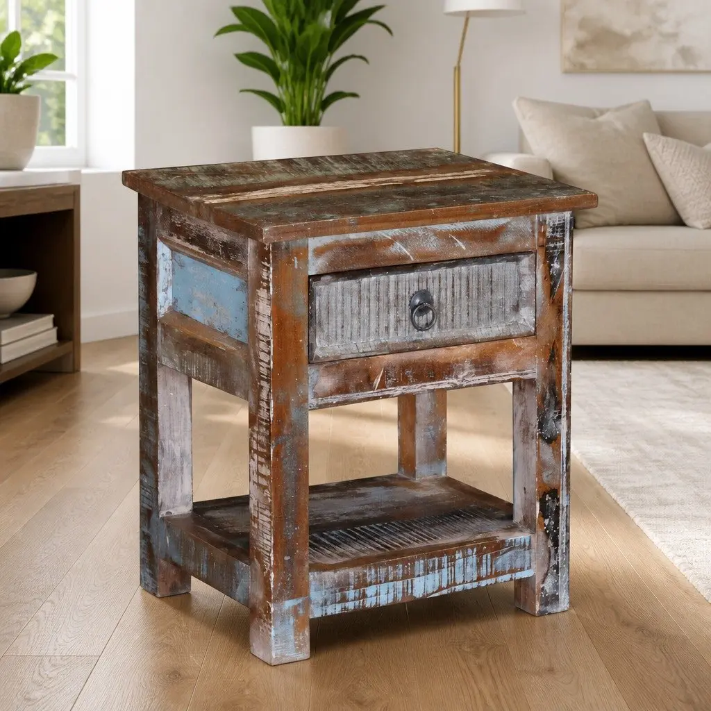 End Table with Drawer Solid Reclaimed Wood Retro Style Unique Multicolour