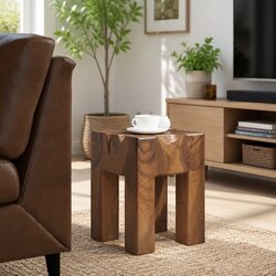 Solid Teak Wood Stool Brown Handmade Footrest Side Table Rustic Natural Style