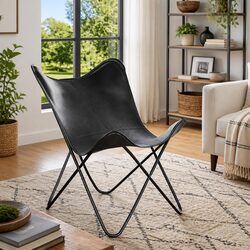 Butterfly Chair Black Leather Arm Chair Vintage Relaxation Seating Furniture