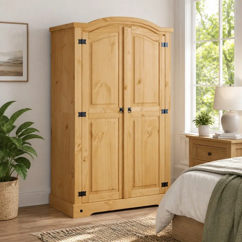 Mexican Corona Style Wooden Wardrobe 2 Doors Brown Pine Bedroom Cupboard Storage