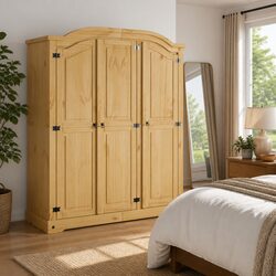 3 Door Wooden Wardrobe Cabinet Brown Pine Bedroom Armoire Storage Cupboard