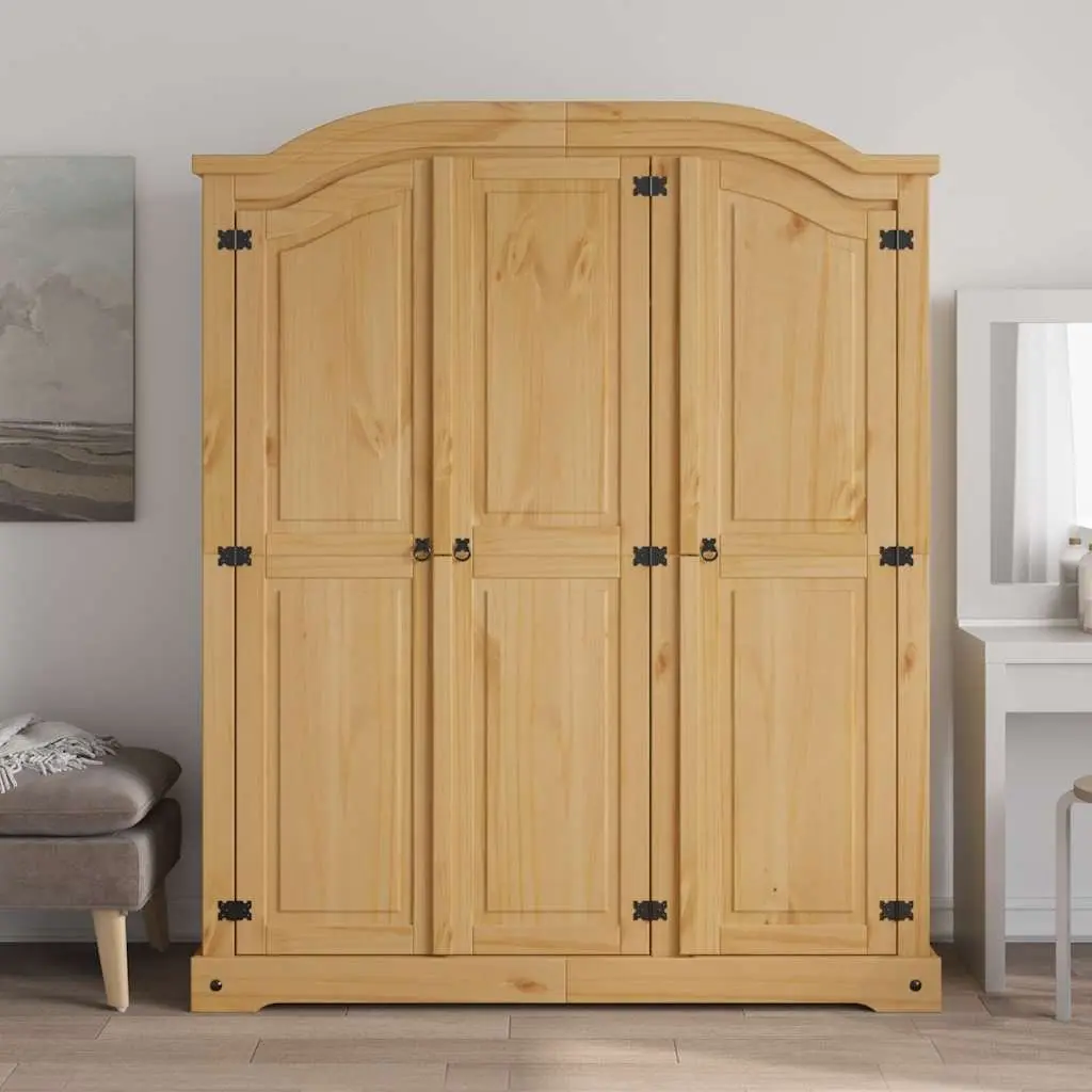 3 Door Wooden Wardrobe Cabinet Brown Pine Bedroom Armoire Storage Cupboard