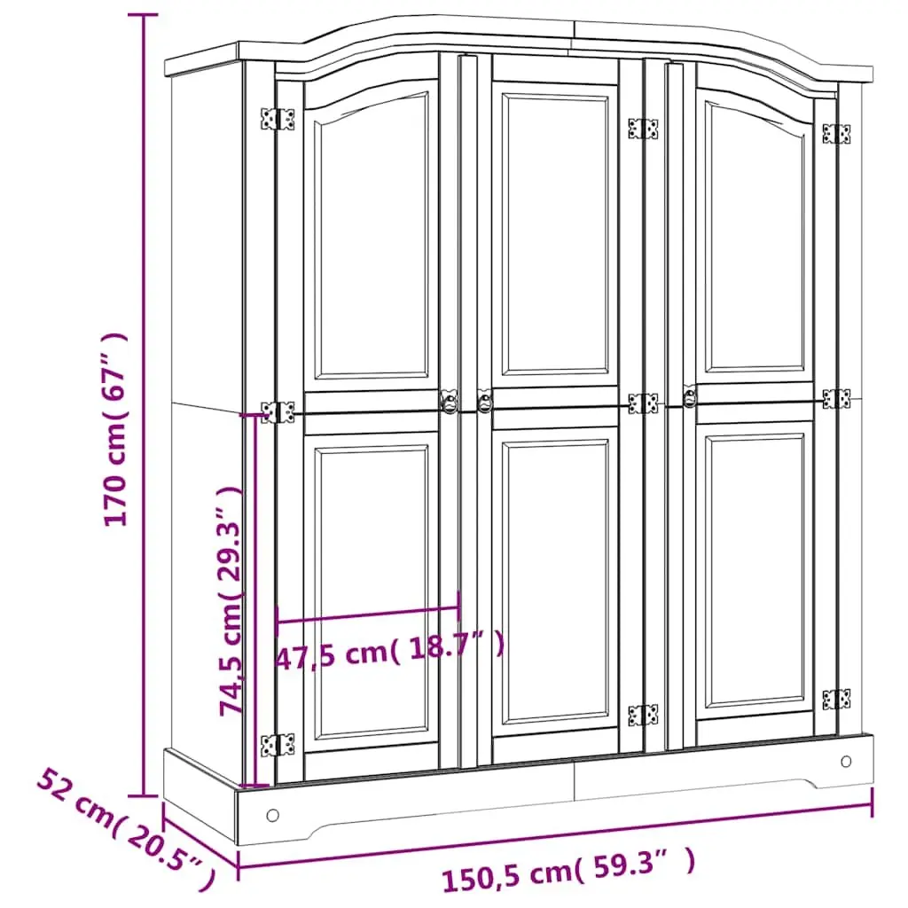 3 Door Wooden Wardrobe Cabinet Brown Pine Bedroom Armoire Storage Cupboard