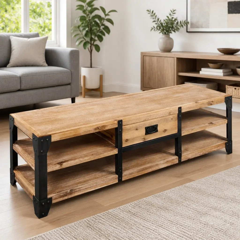 TV Stand Solid Wood Brown Living Room Entertainment Storage Unit Furniture