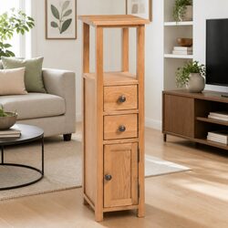 Corner Storage Cabinet Tall 26x26x94cm Solid Oak Wood 2 Drawers Door Compartment