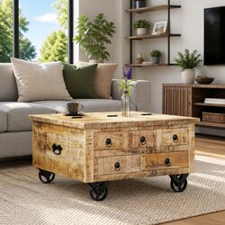 Industrial Wooden Coffee Table with Drawers Mango Wood Accent Living Room