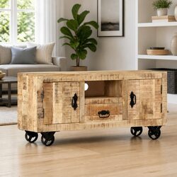 Wooden TV Cabinet Industrial Style Rough Mango Storage Unit with Wheels