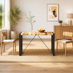 Dining Table Solid Rough Mango Wood 120cm Industrial Kitchen Table Steel Legs