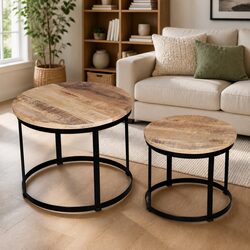Coffee Table Set 2 Pieces Round 40/50 cm Wooden Accent Tables Living Room