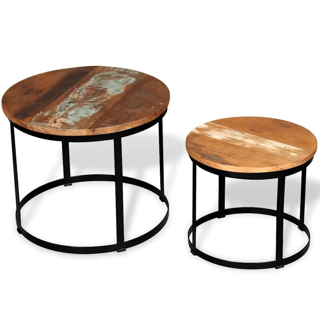 Coffee Table Set 2 Pieces Round Industrial Vintage Reclaimed Wood Brown