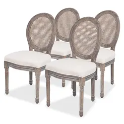 Dining Chairs Set 4 pcs Cream Linen Fabric Rattan Backrest Kitchen Room Seating