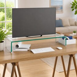 TV Stand Monitor Riser Glass Shelf Tempered Clear Desktop Laptop Display Raiser