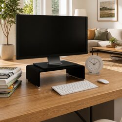 TV Stand Monitor Riser Glass Black Modern Living Room Media Display Shelf