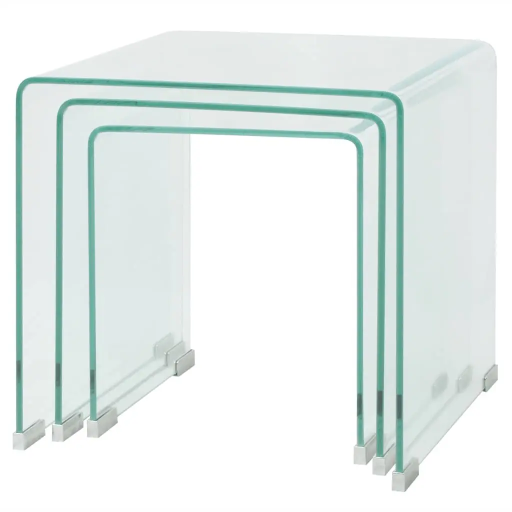 Nesting Coffee Table Set 3 Piece Tempered Glass Clear Modern Living Room Accent