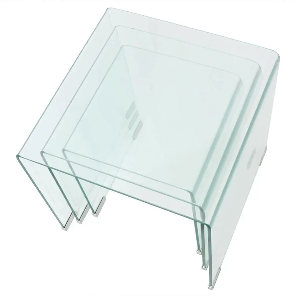 Nesting Coffee Table Set 3 Piece Tempered Glass Clear Modern Living Room Accent