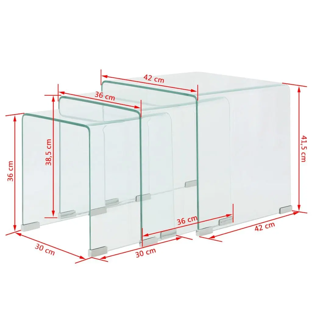 Nesting Coffee Table Set 3 Piece Tempered Glass Clear Modern Living Room Accent