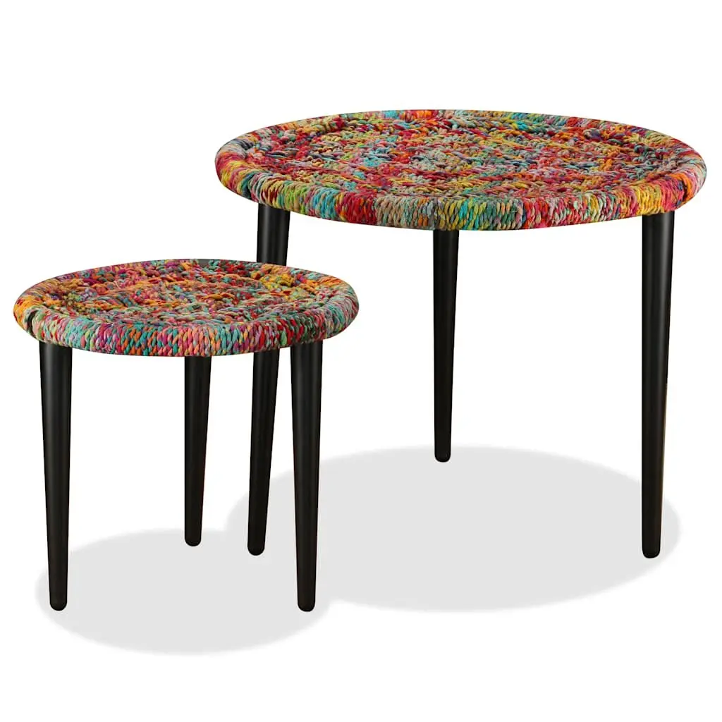 Coffee Table Set 2 Pieces Chindi Weave Multicolour Nesting Tables Living Room