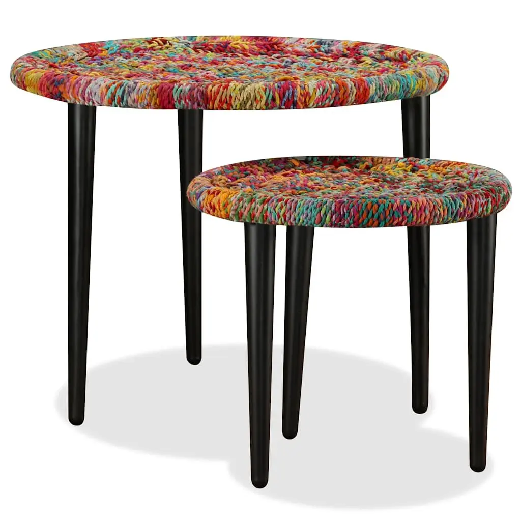 Coffee Table Set 2 Pieces Chindi Weave Multicolour Nesting Tables Living Room