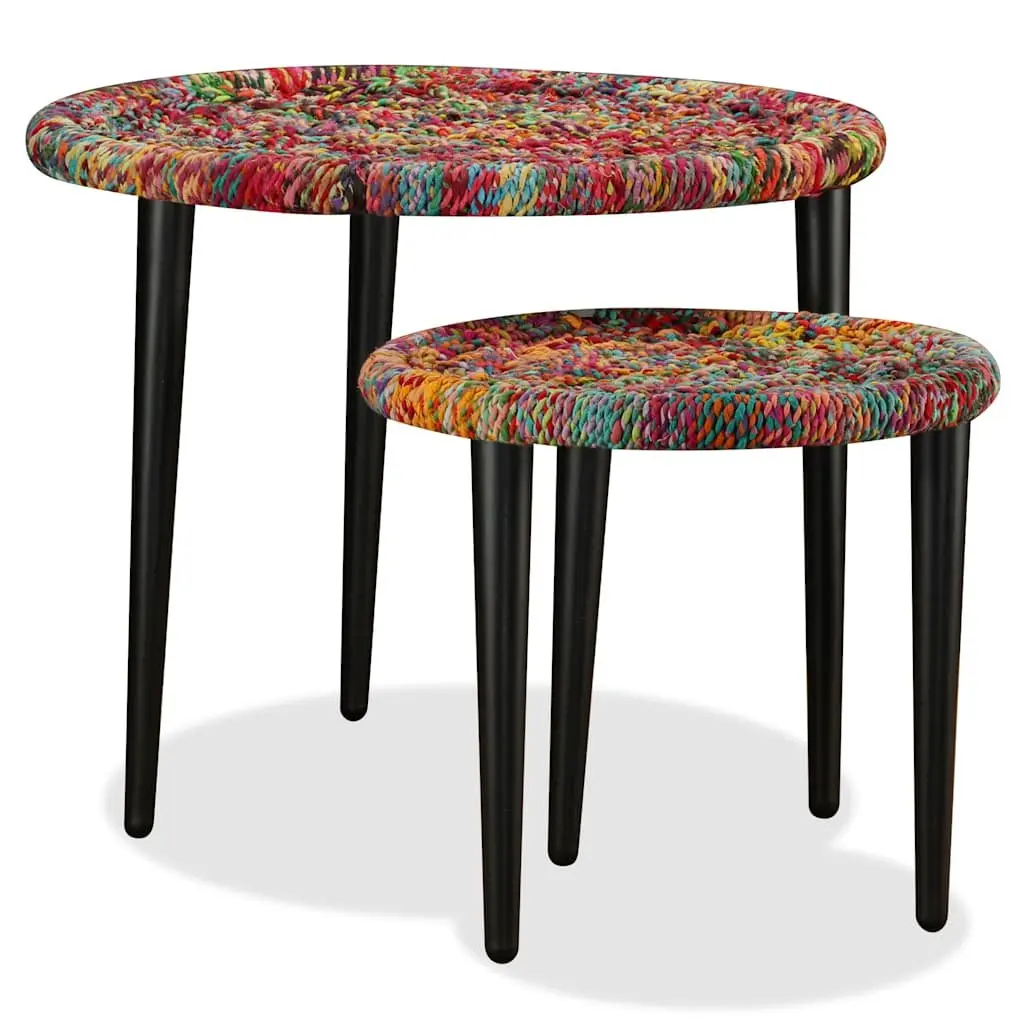 Coffee Table Set 2 Pieces Chindi Weave Multicolour Nesting Tables Living Room