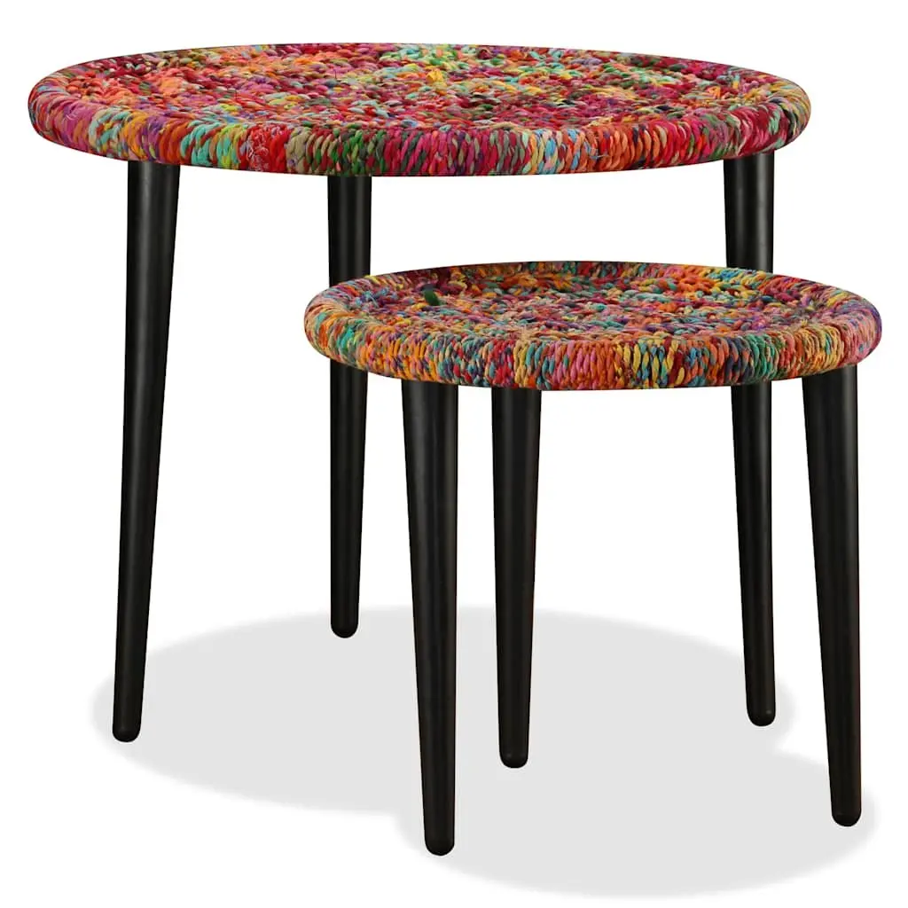 Coffee Table Set 2 Pieces Chindi Weave Multicolour Nesting Tables Living Room
