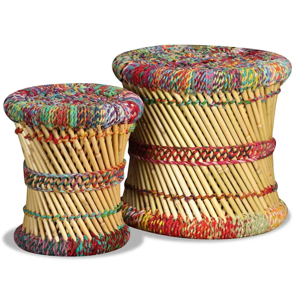 Bamboo Stools with Chindi Details Set of 2 Multicolour Footstools Side Tables
