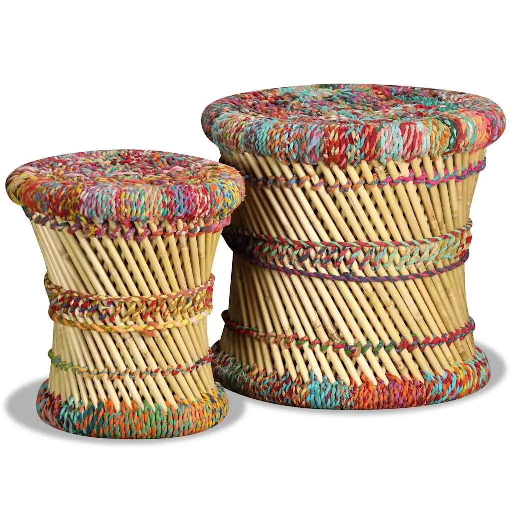 Bamboo Stools with Chindi Details Set of 2 Multicolour Footstools Side Tables