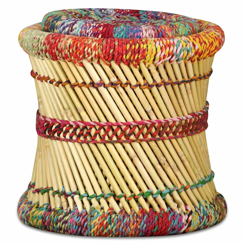 Bamboo Stools with Chindi Details Set of 2 Multicolour Footstools Side Tables