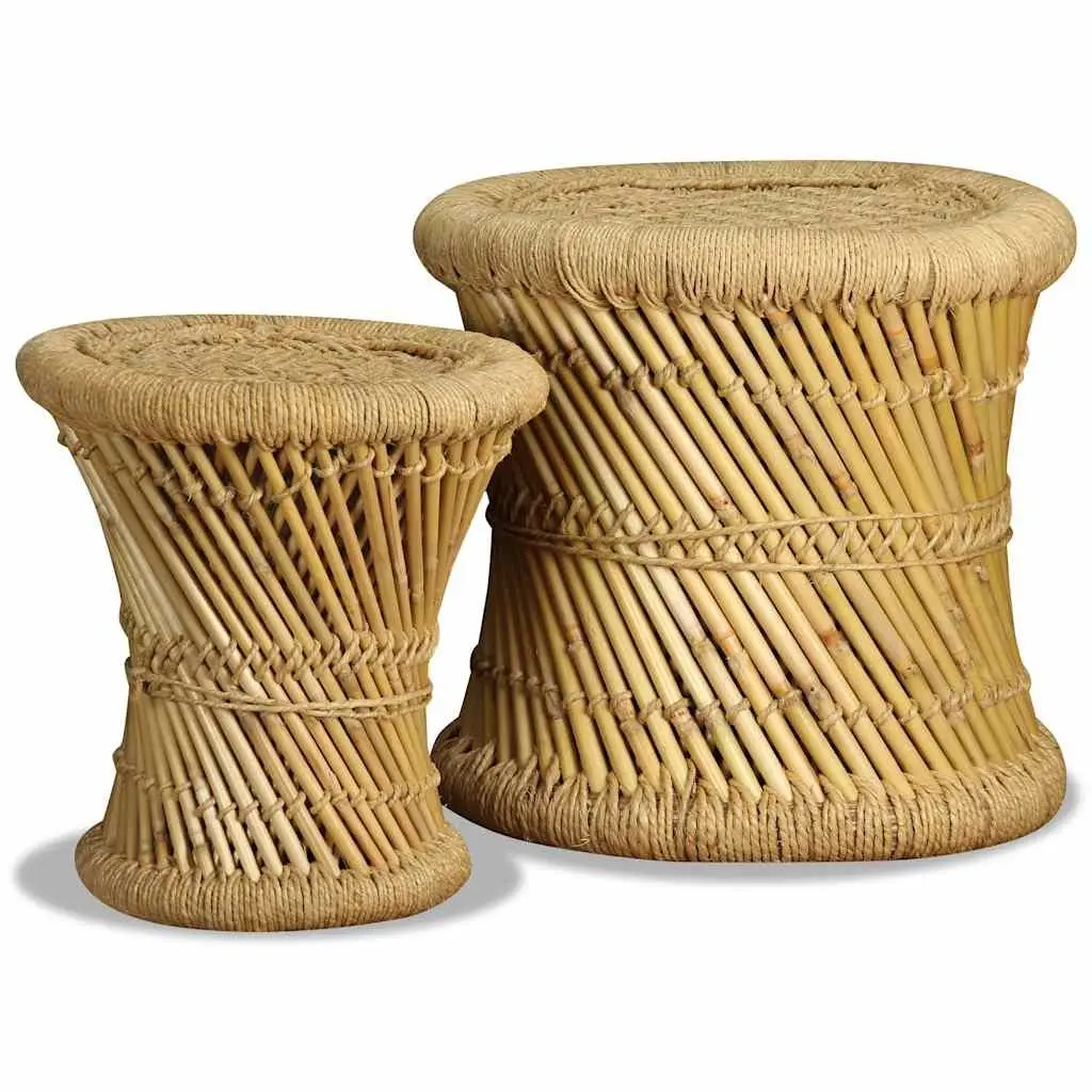 Bamboo and Jute Stools Set of 2 Brown Natural Woven Indoor Outdoor Garden Patio