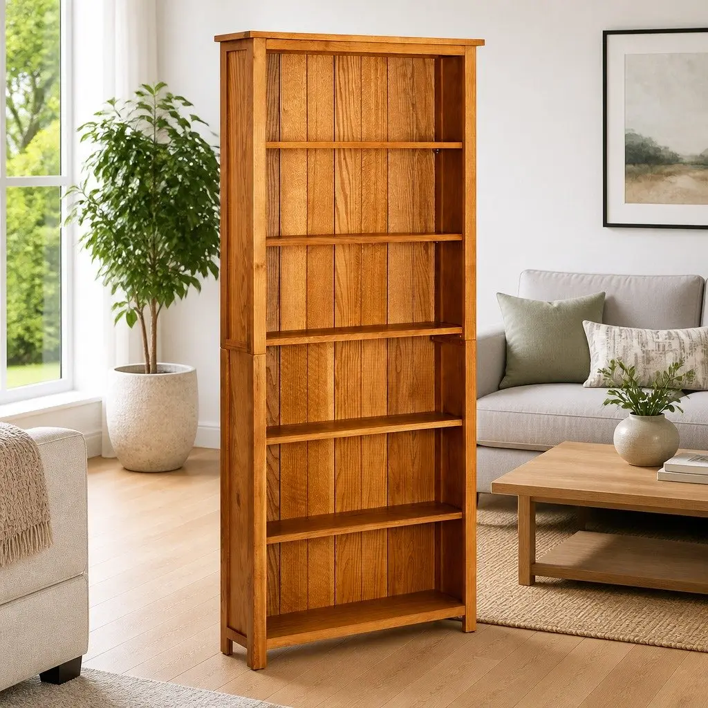 Bookcase 6-Tier Solid Oak Wood Brown Storage Display Unit