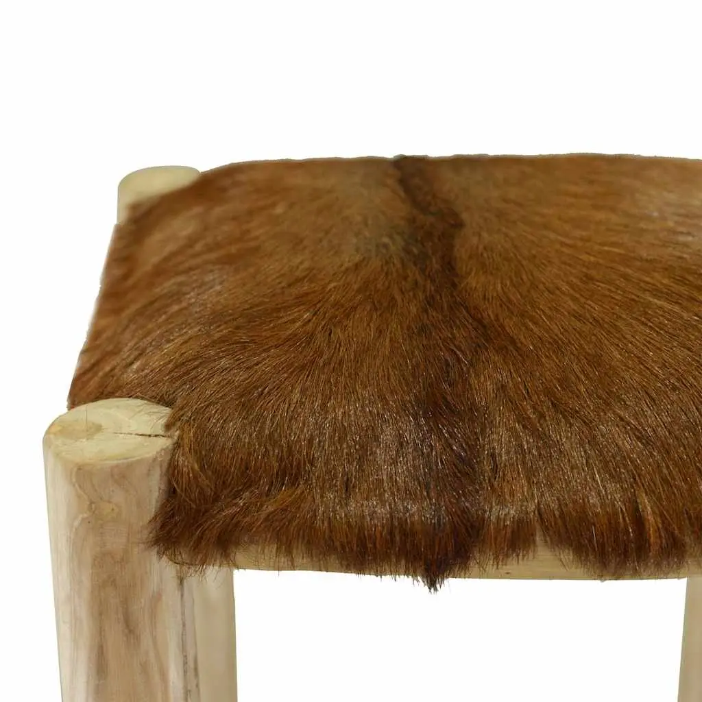 Bar Stool Goatskin Leather Seat Solid Teak Wood Frame Rustic Brown
