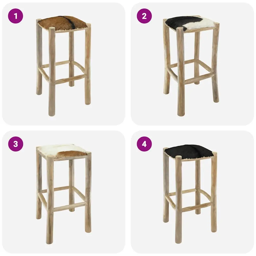 Bar Stool Goatskin Leather Seat Solid Teak Wood Frame Rustic Brown