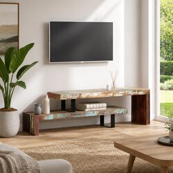TV Stand Solid Reclaimed Wood Brown Stackable Storage Cabinet 2-Tier Lowboard