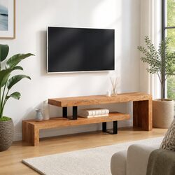 Wooden TV Stand Solid Acacia Wood 2-Tier Stackable Cabinet Brown Retro
