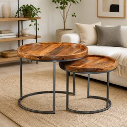 Side Table Set 2 Pieces Solid Mango Wood Industrial Vintage Accent End Tables