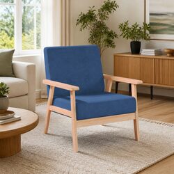 Armchair Blue Fabric Upholstered Lounge Chair with Wooden Frame for Living Room