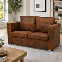 2-Seater Sofa Brown Artificial Suede Modern Living Room Furniture Lounge Couch