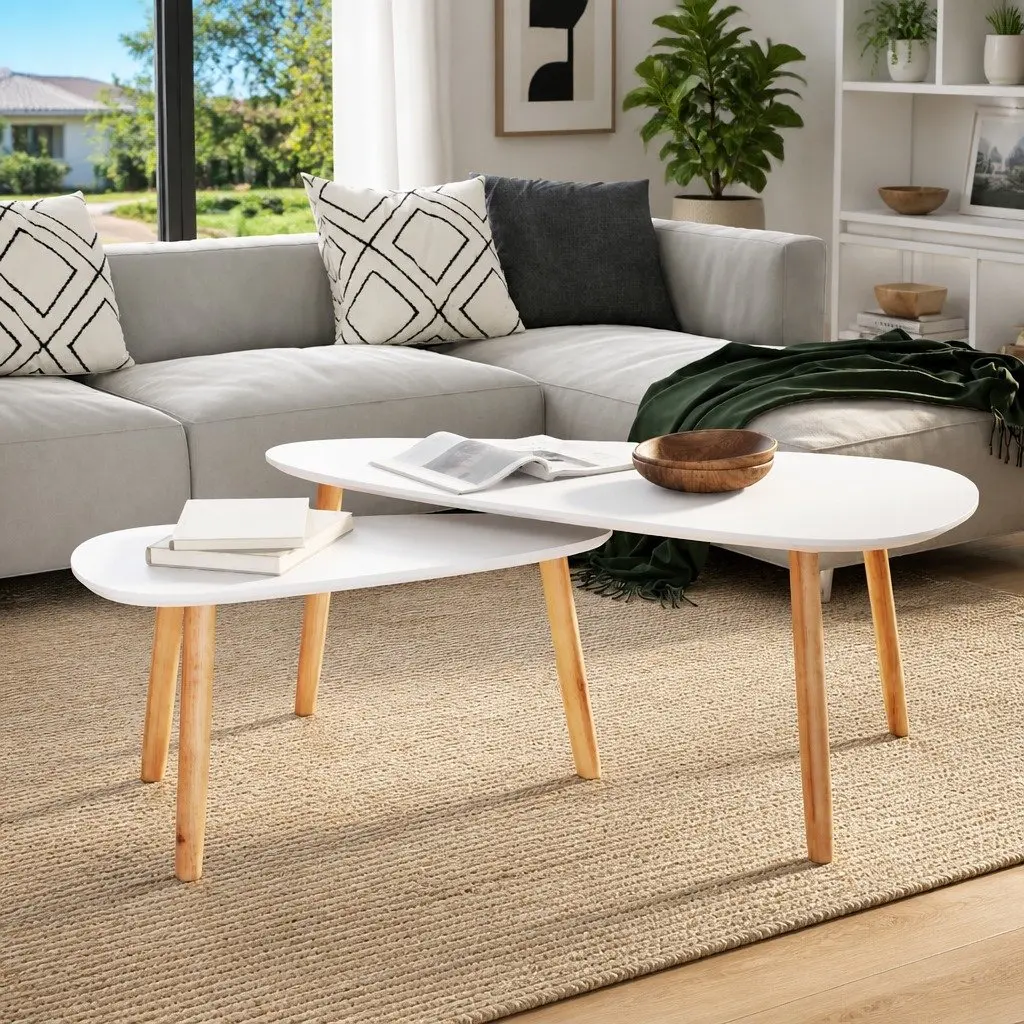Coffee Table Set 2 Pieces Scandinavian Style White Solid Pinewood MDF