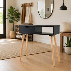 Black Console Table Solid Pinewood Accent End Table Living Room Furniture