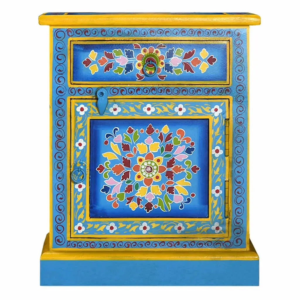 Bedside Cabinet Wooden Nightstand Hand Painted Turquoise Bedroom Storage Drawer