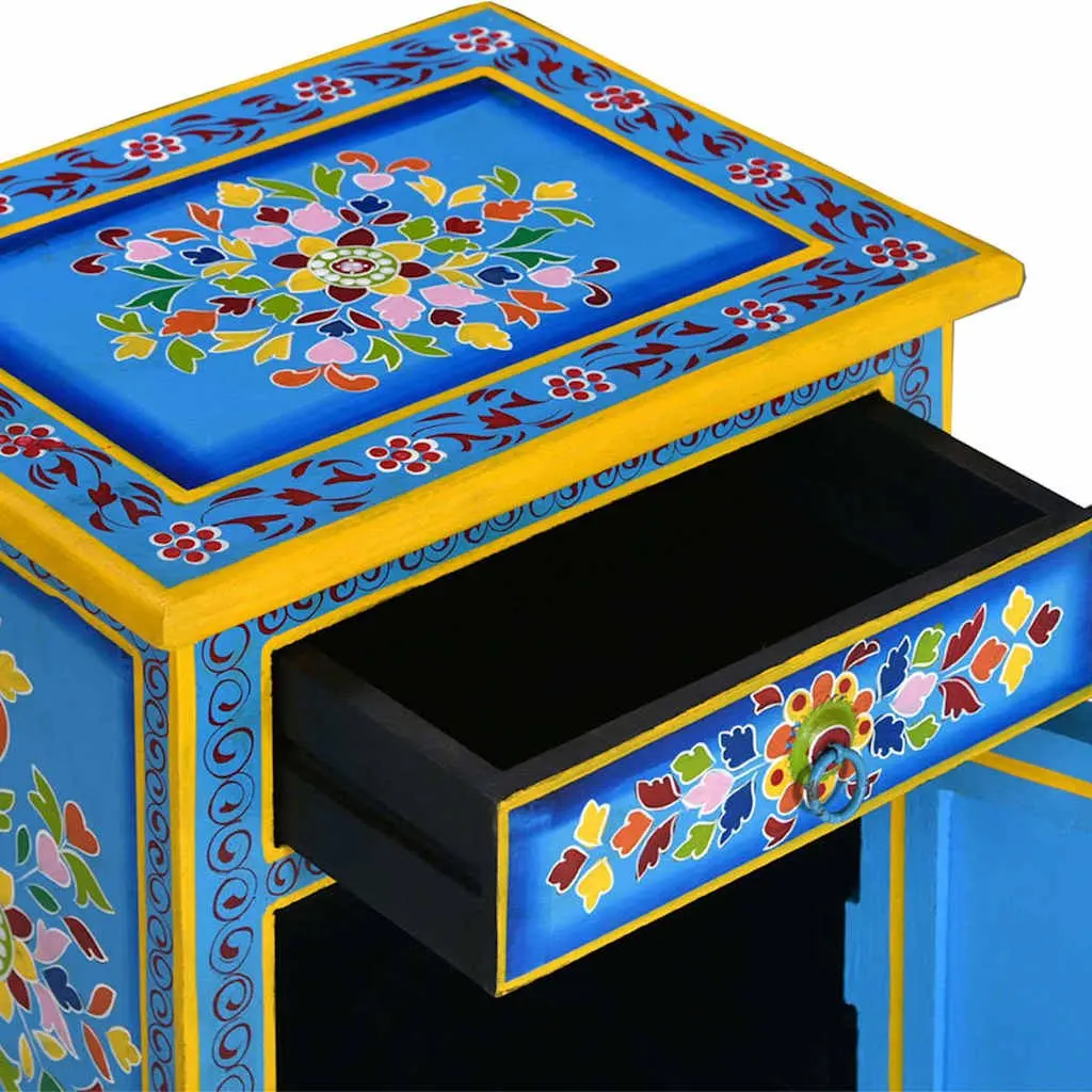 Bedside Cabinet Wooden Nightstand Hand Painted Turquoise Bedroom Storage Drawer