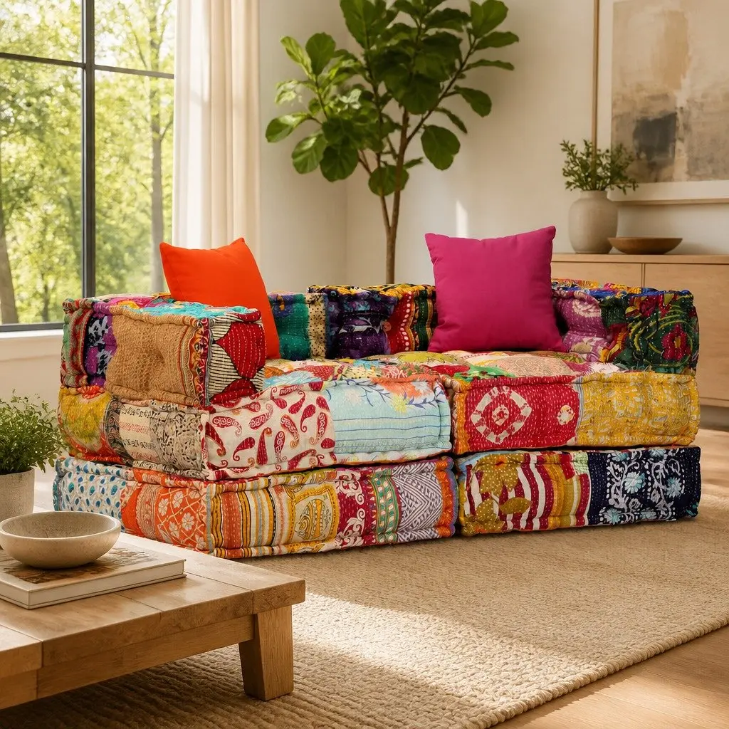 2-Seater Modular Pouffe Patchwork Fabric Sofa Bed Convertible Corner Couch