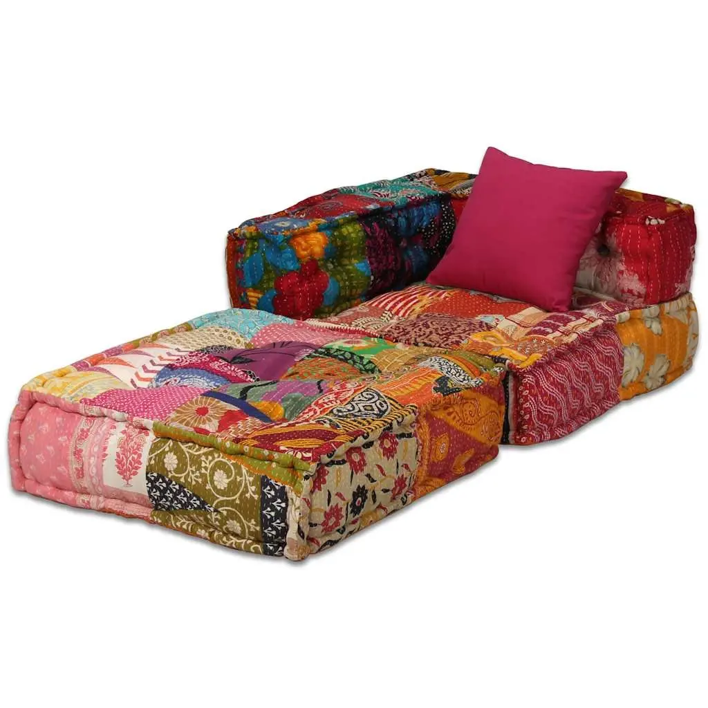 2-Seater Modular Pouffe Patchwork Fabric Sofa Bed Convertible Corner Couch