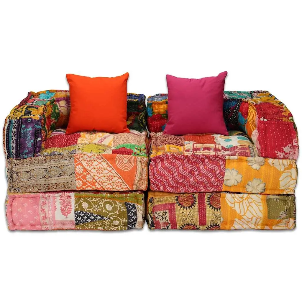2-Seater Modular Pouffe Patchwork Fabric Sofa Bed Convertible Corner Couch