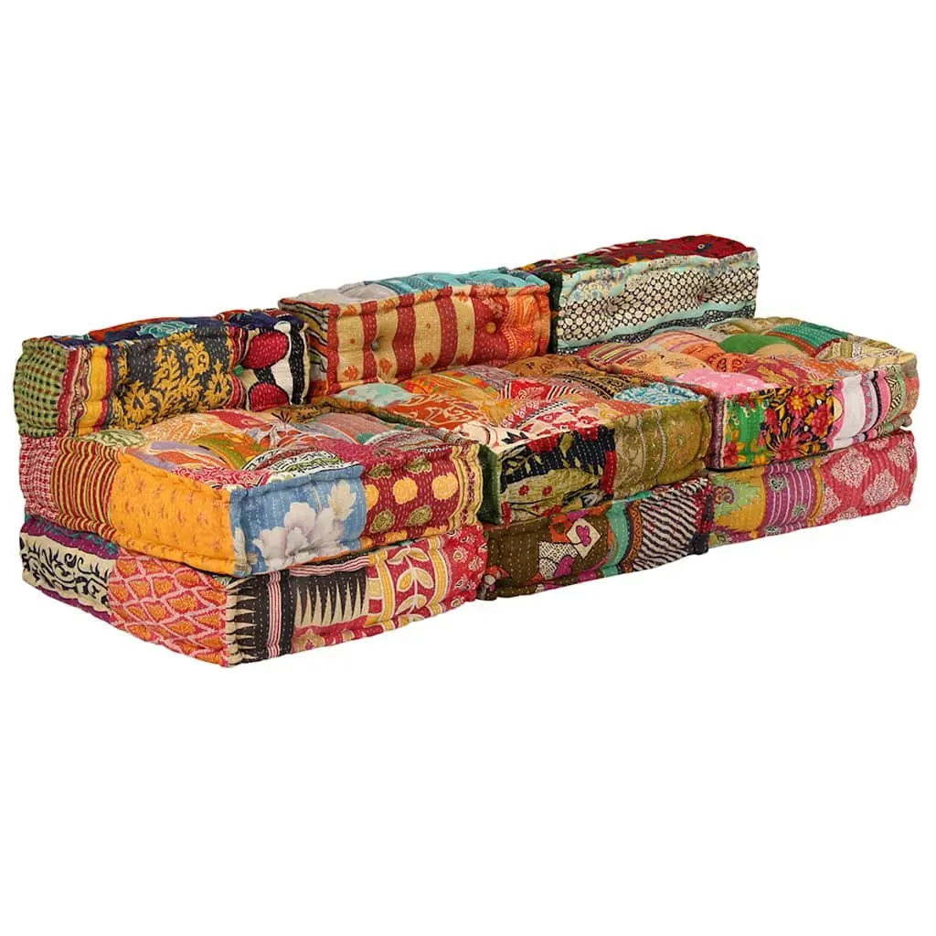 3-Seater Modular Pouffe Patchwork Multicolour Convertible Sofa Bed Lounger
