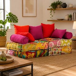 2-Seater Modular Pouffe Patchwork Multicolour Convertible Sofa Bed Lounge