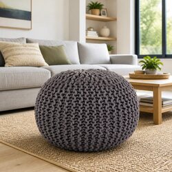 Hand-Knitted Pouffe Footstool Cotton Grey 50x35cm Decorative Foot Rest