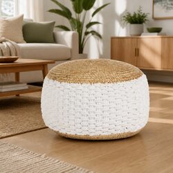 Woven Knitted Pouffe Footstool Ottoman Jute Cotton White 50x35cm Relaxation