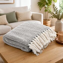 Cotton Throw Blanket Herringbone Grey 220x250 cm Soft Plaid Bedding Tassels